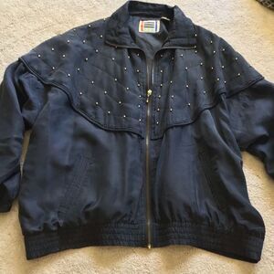 EVR Vintage Div Rousso Silk Bomber Jacket Jogger Windbreaker Black Studded